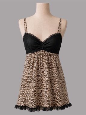 Linea Donatella Y2K Leopard Print Lace Babydoll Slip Dress